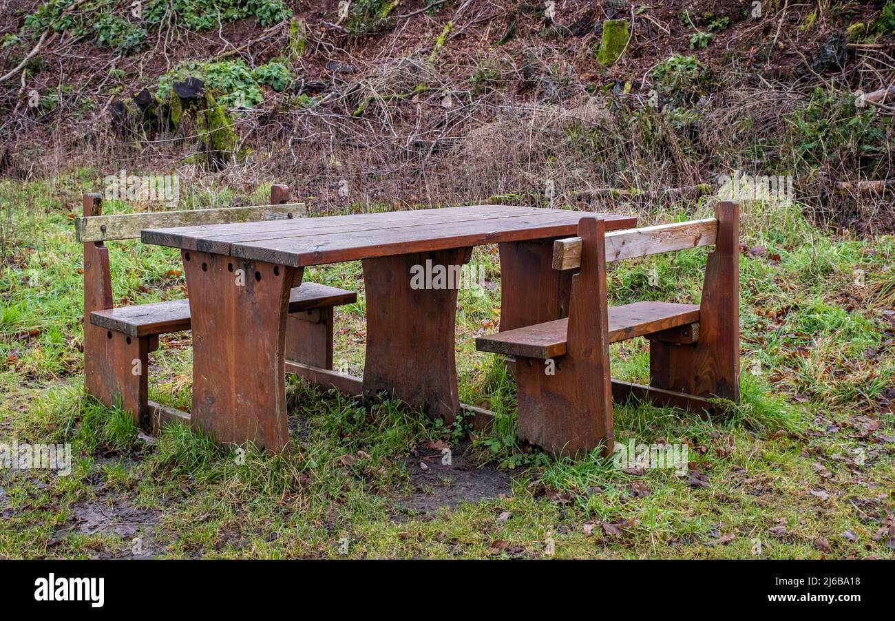 Close up of a wooden picnic table with wheelchair and disabled access Stock Photo