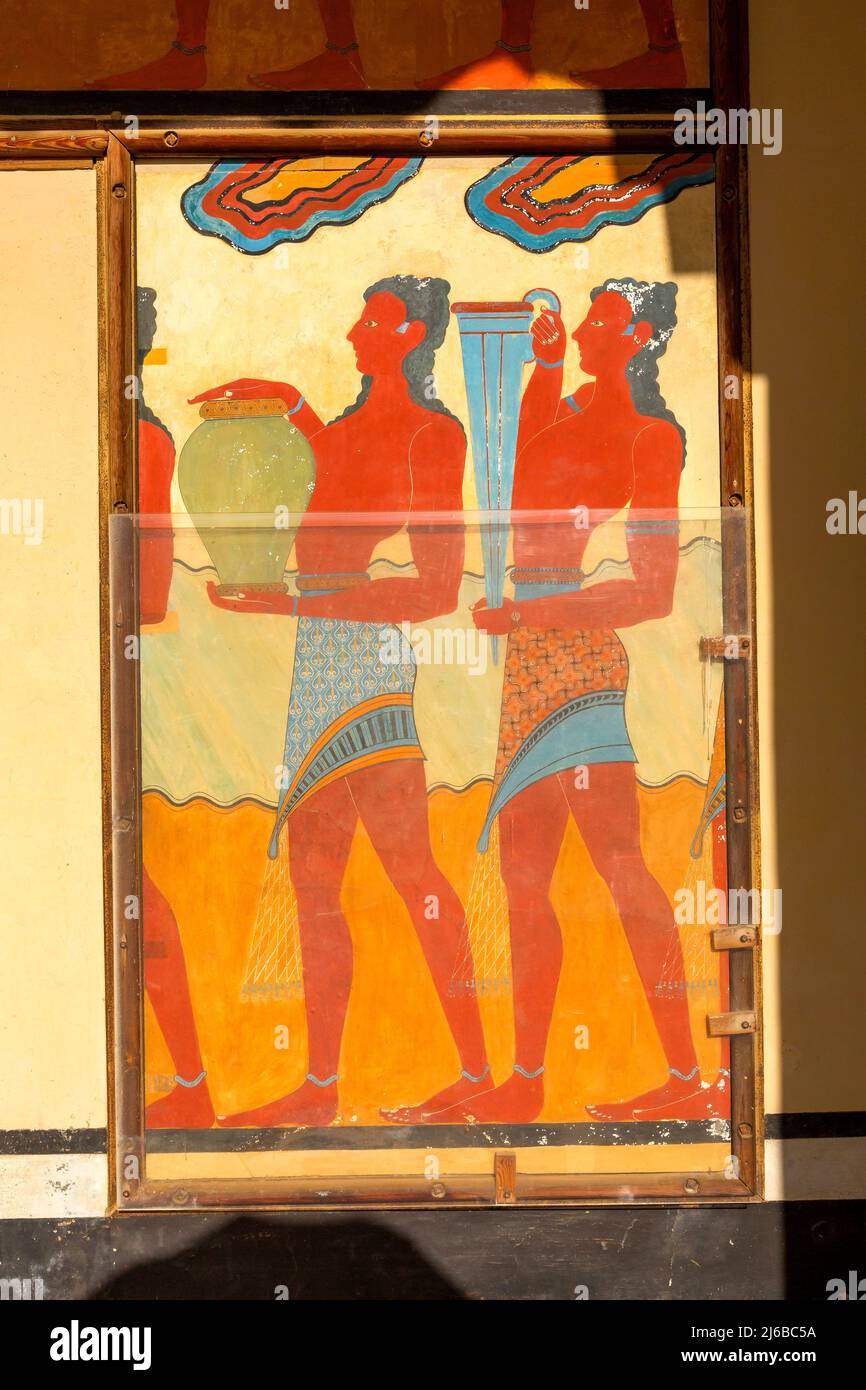 Knossos, Greece - April 27, 2019: Detail of the Procession Fresco at Knossos Palace in Crete Stock Photo