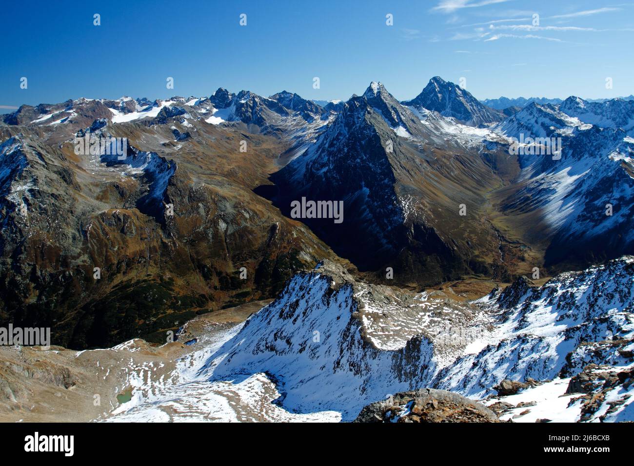 First touches of snow in the swiss Alps, Pischahorn, Switzerland Stock Photo