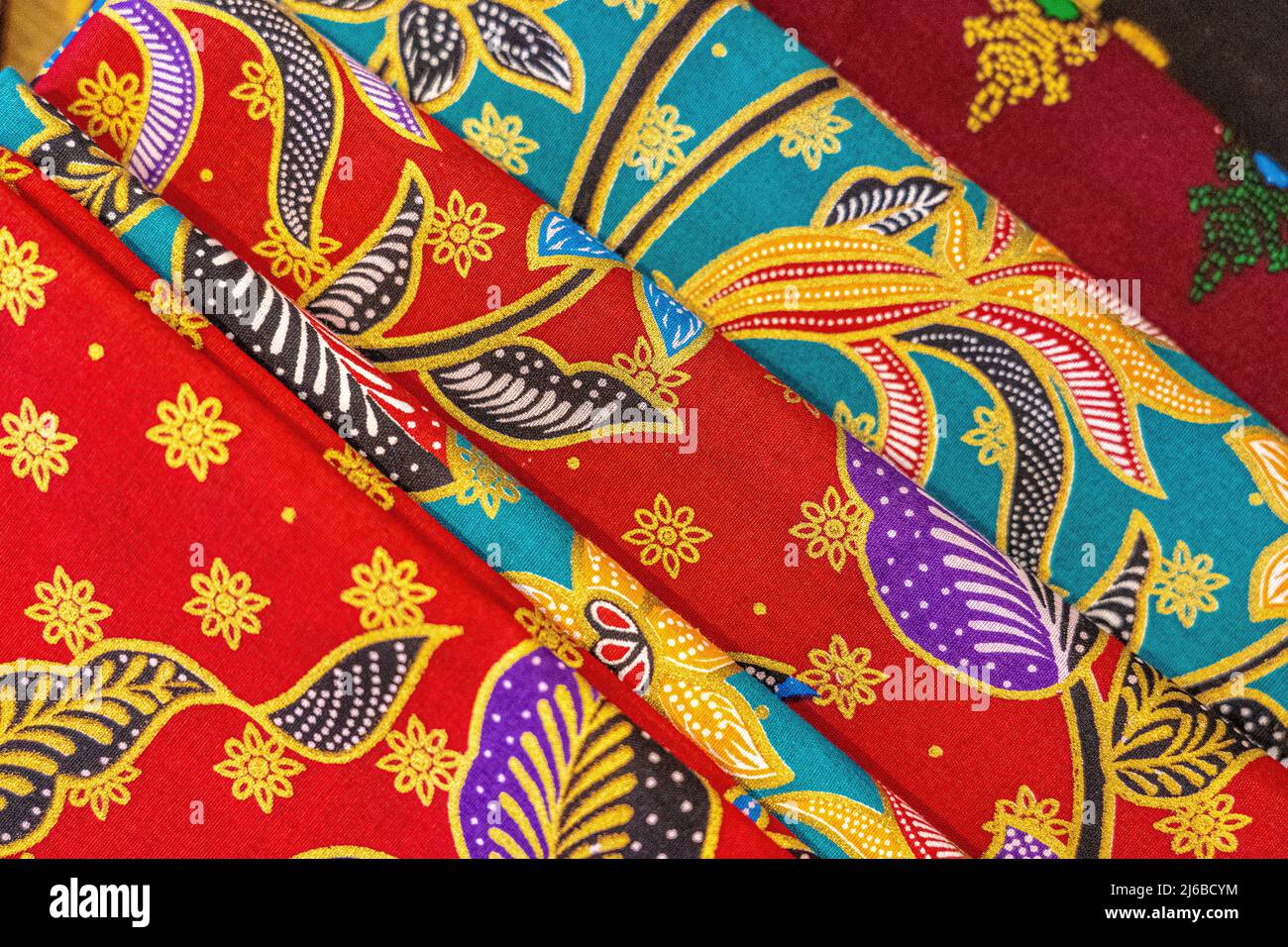 Cheerful and brightly colored batik clothing that is often found in Indonesia. Many tourists take this home as a souvenir Stock Photo