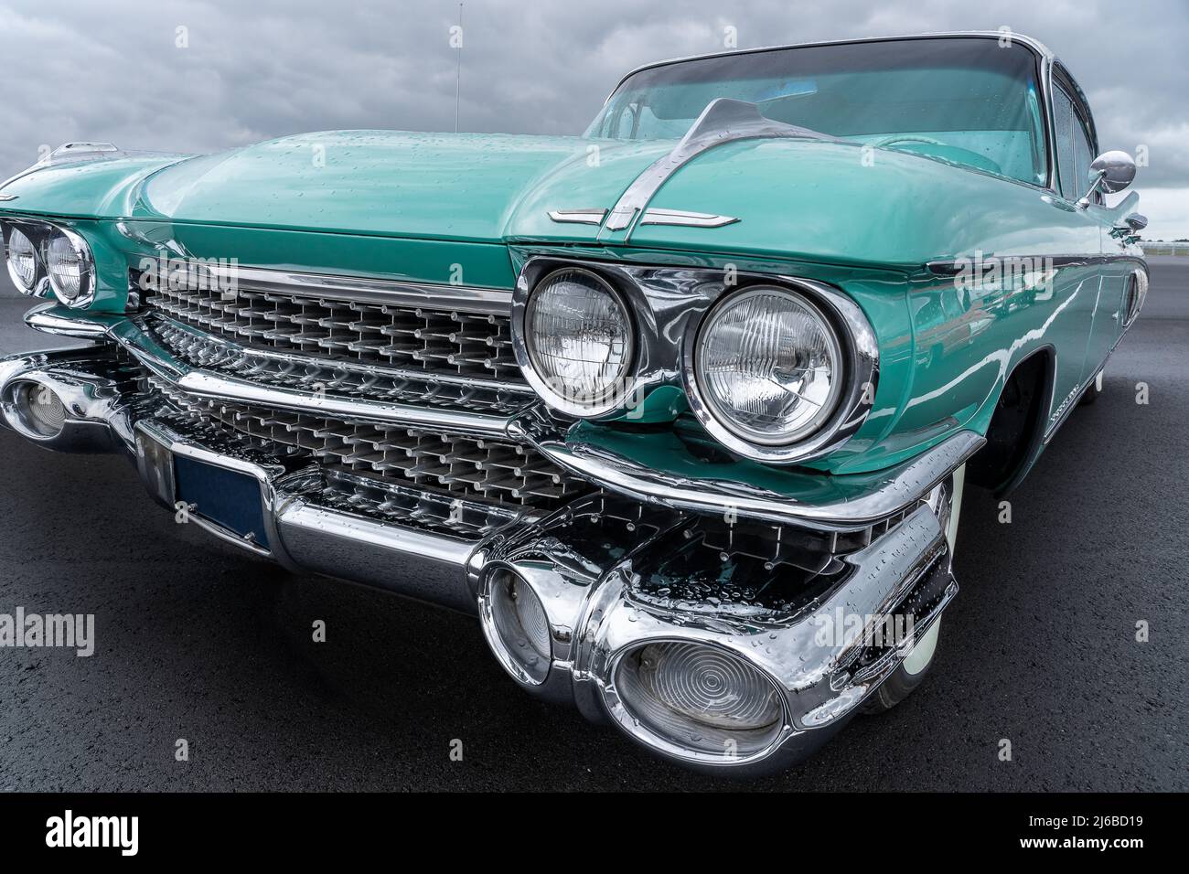 Side view of a classic american car from the fifties. Low angle view