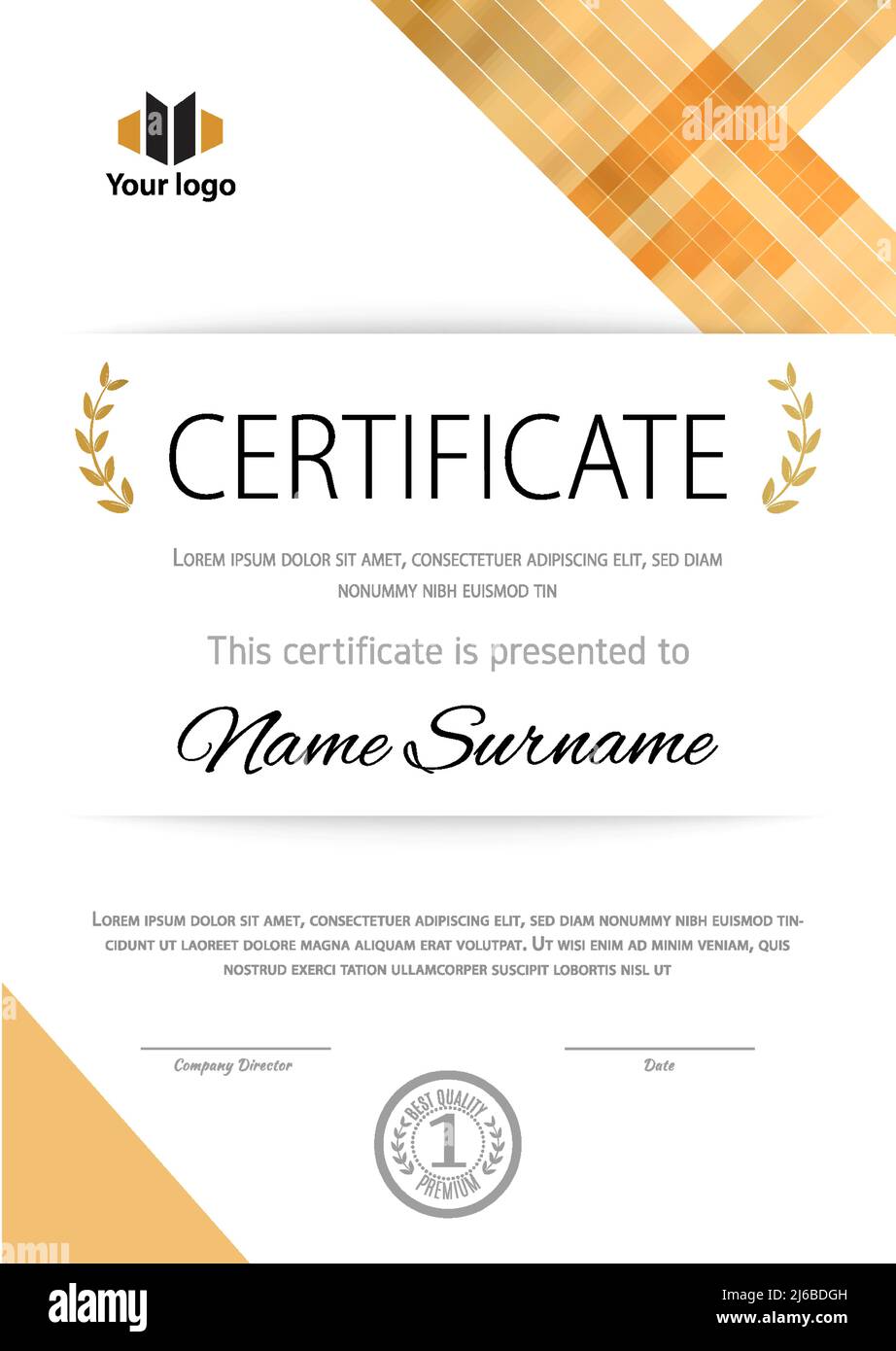 Abstract certificate with up arrow. Yellow squares, stripes geometry elements. Vector illustration Stock Vector