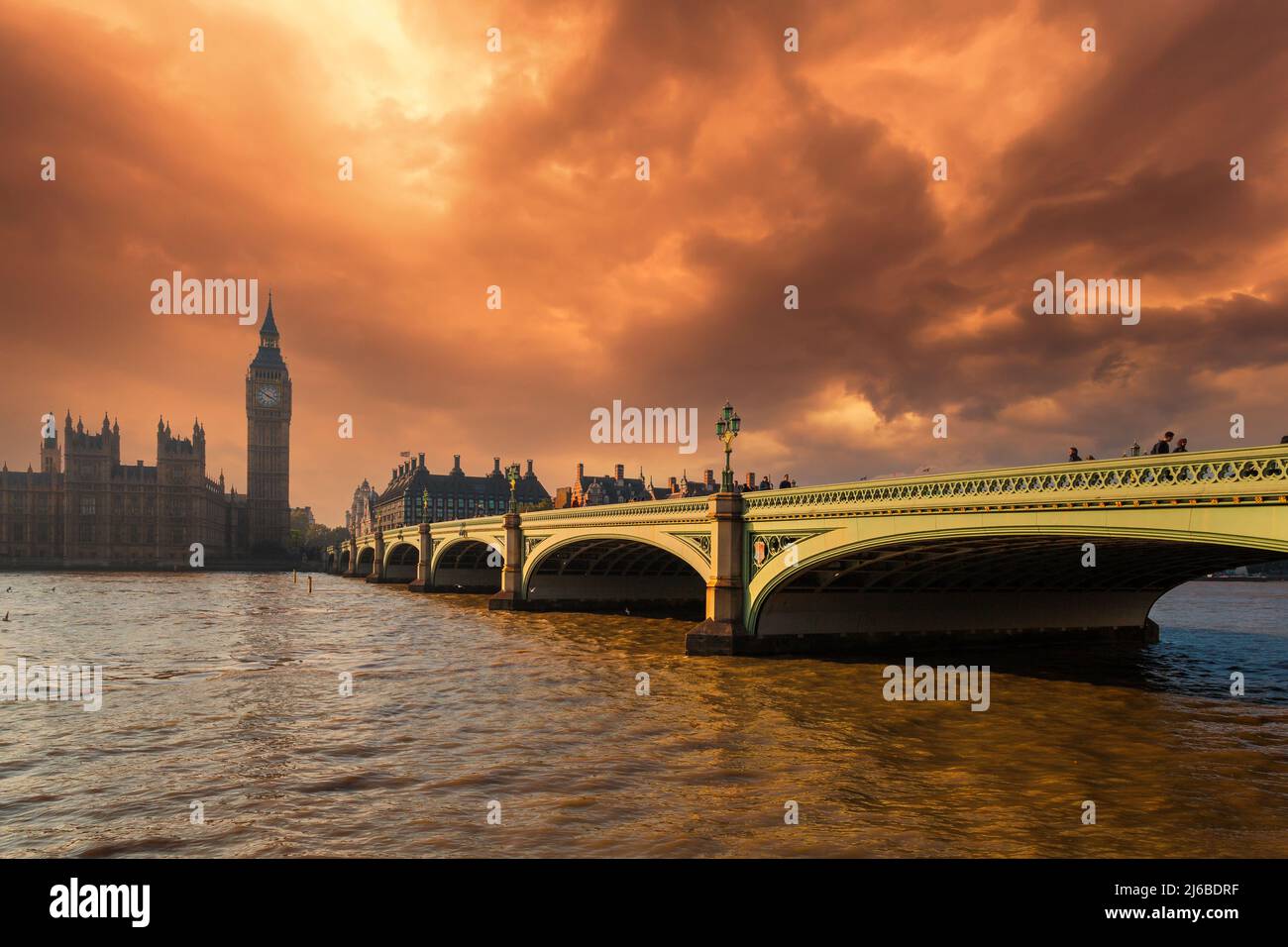 London Westminster with Thames, Palace of Westminster, Houses of Parliament, Big Ben, Dusk dramatic sky, City of Westminster, England Stock Photo