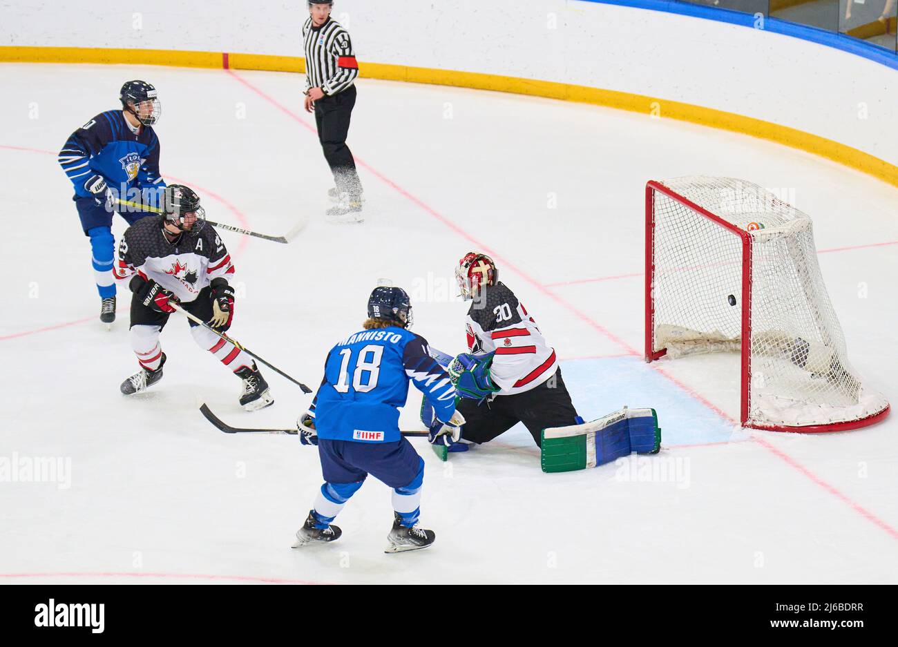 Tommi Mannisto Fin U18 Nr 18 Scores Shoots Goal Tor Treffer Torschuss Reid Dyck Can U18 Nr 30 In The Match Finland Canada 6 5 Ot Iihf U18 Junior Ice Hockey