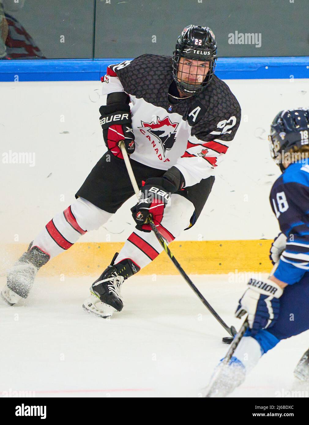 Spencer Sova, CAN U18 Nr. 22  in the match FINLAND - CANADA 6-5 (OT) IIHF U18 JUNIOR ICE HOCKEY WORLD CHAMPIONSHIPS quarter final  in Kaufbeuren, Germany, Apr 28, 2022,  Season 2021/2022 © Peter Schatz / Alamy Live News Stock Photo