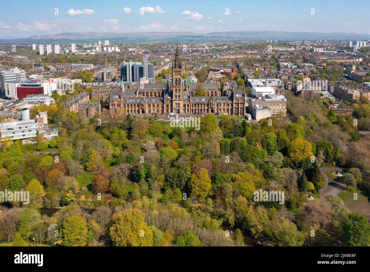 Aerial view from drone of Glasgow University and Kelvingrove Park in Glasgow, Scotland, UK Stock Photo
