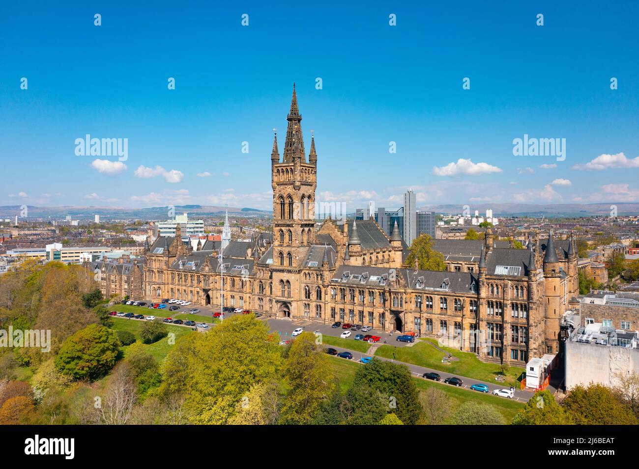 Aerial view from drone of University of Glasgow on Gilmorehill in Glasgow, Scotland, UK Stock Photo