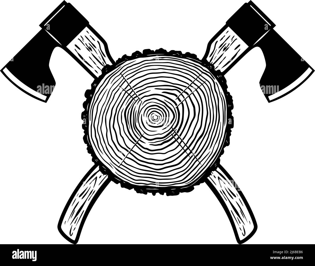 Crossed lumberjack axes with wood cut. Design element for logo, emblem, sign, poster, t shirt. Vector illustration Stock Vector