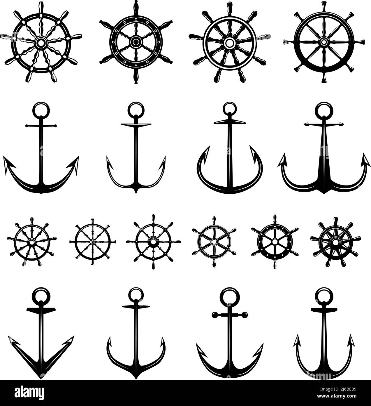 Set of ship steering wheels and anchors in vintage monochrome style