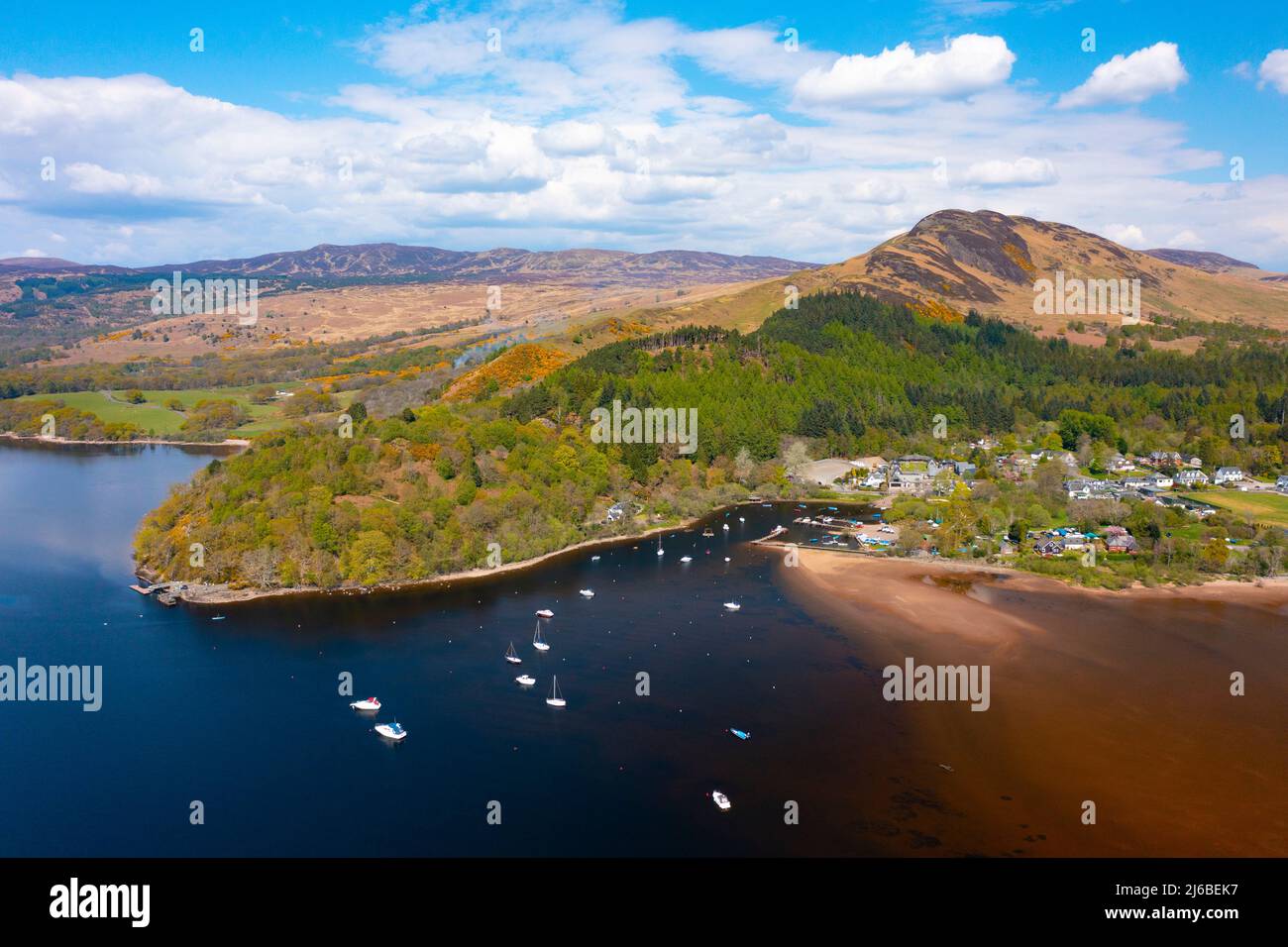 Aerial view of Balmaha village and Conic Hill on Loch Lomond, Scotland, UK Stock Photo