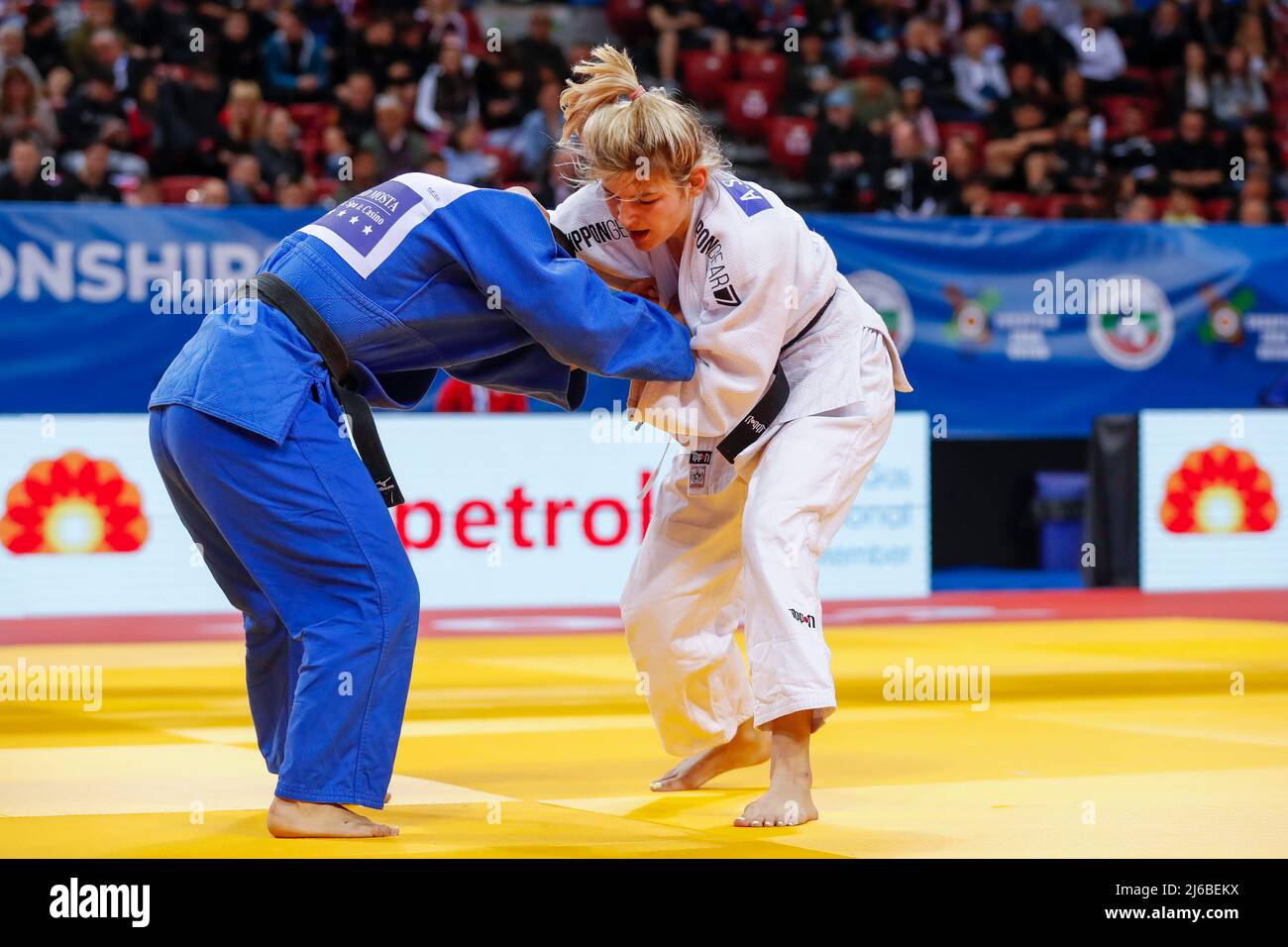 SOFIA, BULGARIA - APRIL 30: Aleksandra Samardzic of Bosnia Herzegovina in the match against Ai Tsunoda Roustant of Spain in the -63kg at the European Judo Championships Seniors Sofia 2022 on April 30, 2022 in Sofia, Bulgaria (Photo by Nikola Krstic/Orange Pictures) Stock Photo