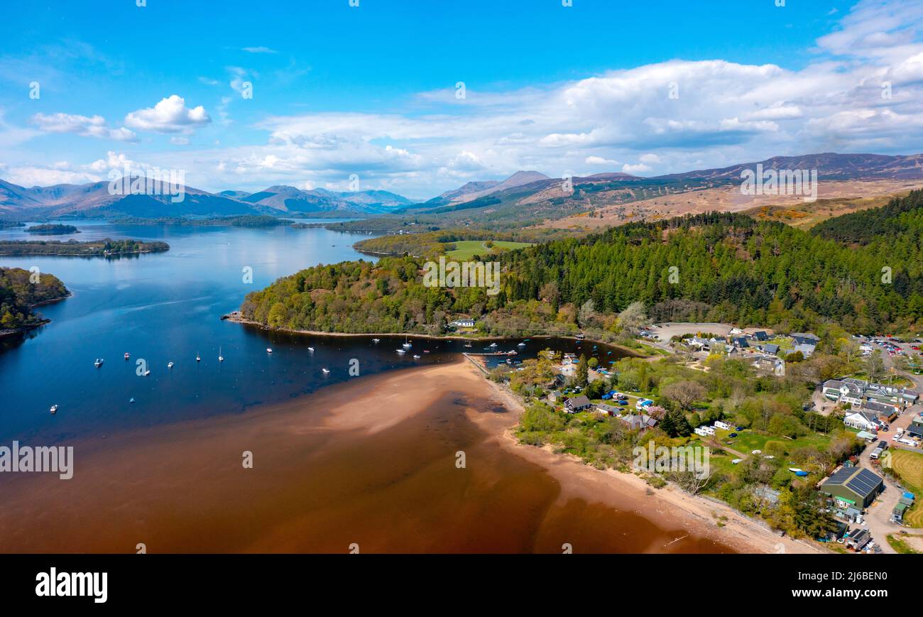 Aerial view of Balmaha village on Loch Lomond, Scotland, UK Stock Photo