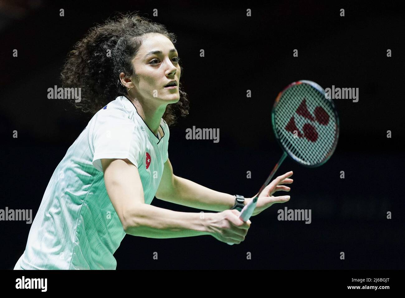 Neslihan Yigit of Turkey seen in action during the European Badminton Championships semi finals against Carolina Marin of Spain