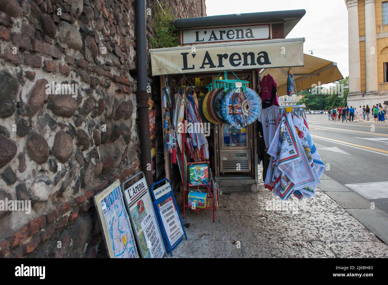 Verona, Italy 21/08/2015: newsstand with the advertising sign of the newspaper L'Arena. ©Andrea Sabbadini Stock Photo