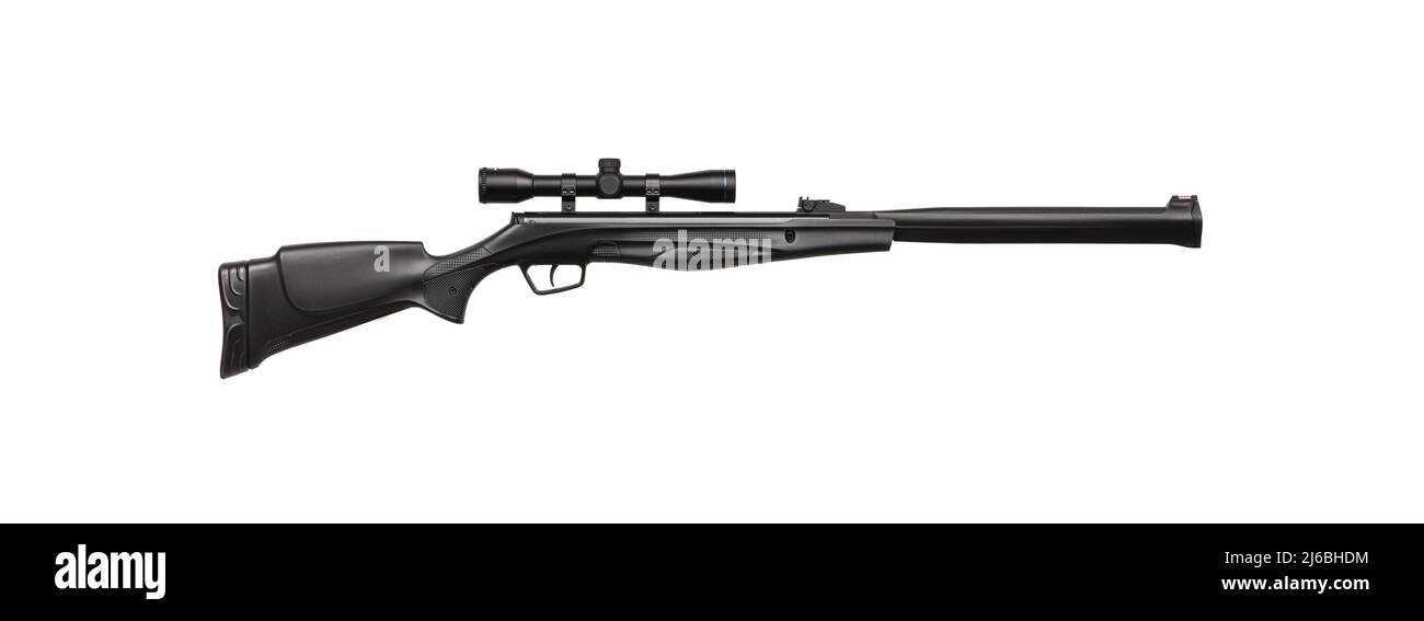 Black pneumatic rifle with an optical sight isolated on white