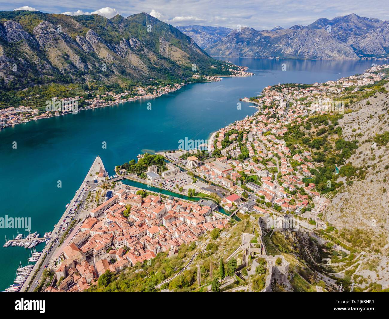Montenegro. Bay of Kotor, Gulf of Kotor, Boka Kotorska and walled old ...