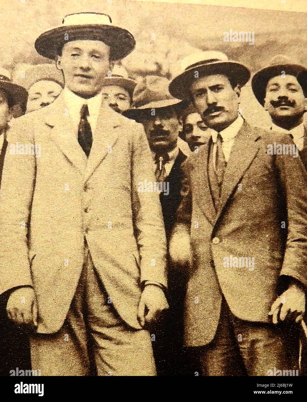 An early photograph of a young Benito Mussolini  1883-1945  (with moustache - right) standing next to his closest associate at that time , Corridon. (Filippo Corridoni  1887-1915 ,  Italian trade unionist and syndicalist.) --------------------------Una prima fotografia di un giovane Benito Mussolini 1883-1945 (con i baffi - a destra) in piedi accanto al suo più stretto collaboratore in quel momento, Corridon. (Filippo Corridoni 1887-1915 , sindacalista  italiano.) Stock Photo