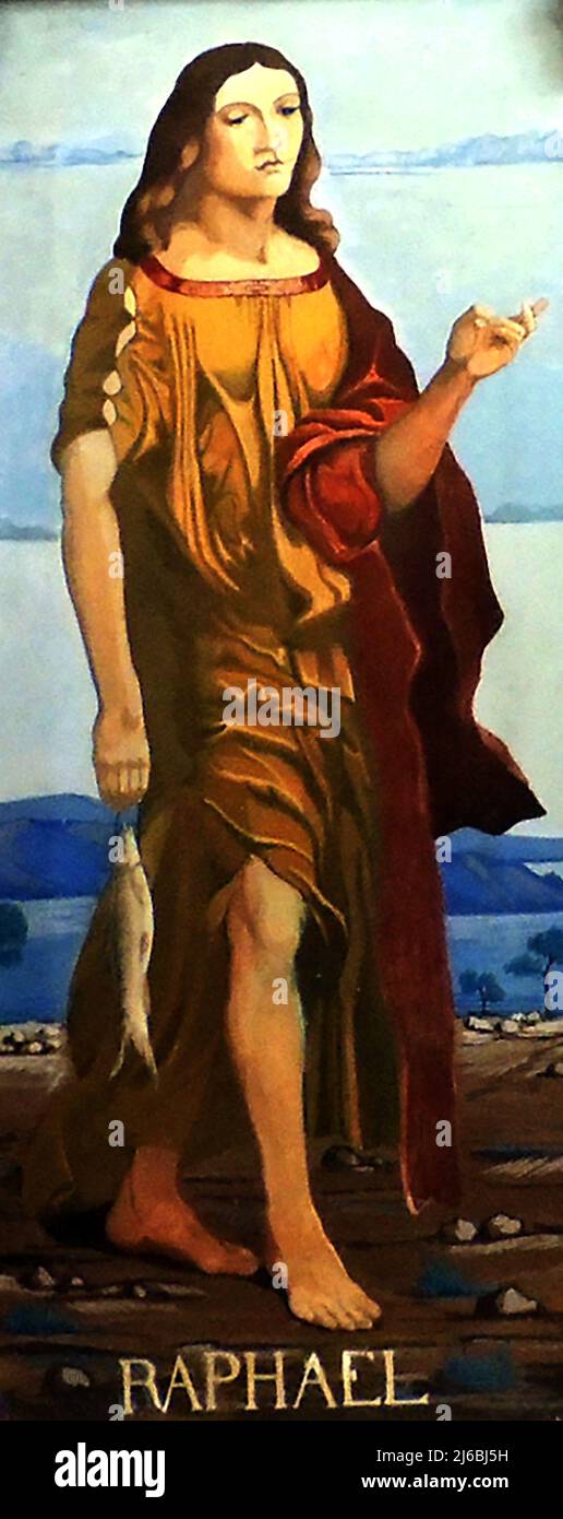 An old coloured religious image of the Archangel RAPHAEL. His name means 'God Heals' or 'To Heal',  and he is associated with expelling  demons, Using a magical  fish which he is seen carrying he succeeded in controlling the the demon Asmodeus and other foes and  has the power to heal wounds, particularly in children. Stock Photo