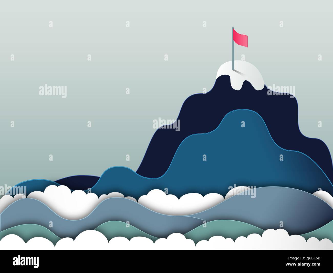 Paper cut style vector illustration of mountain peak with red flag. Concept of business success and achievement. Background illustration in blue and g Stock Vector