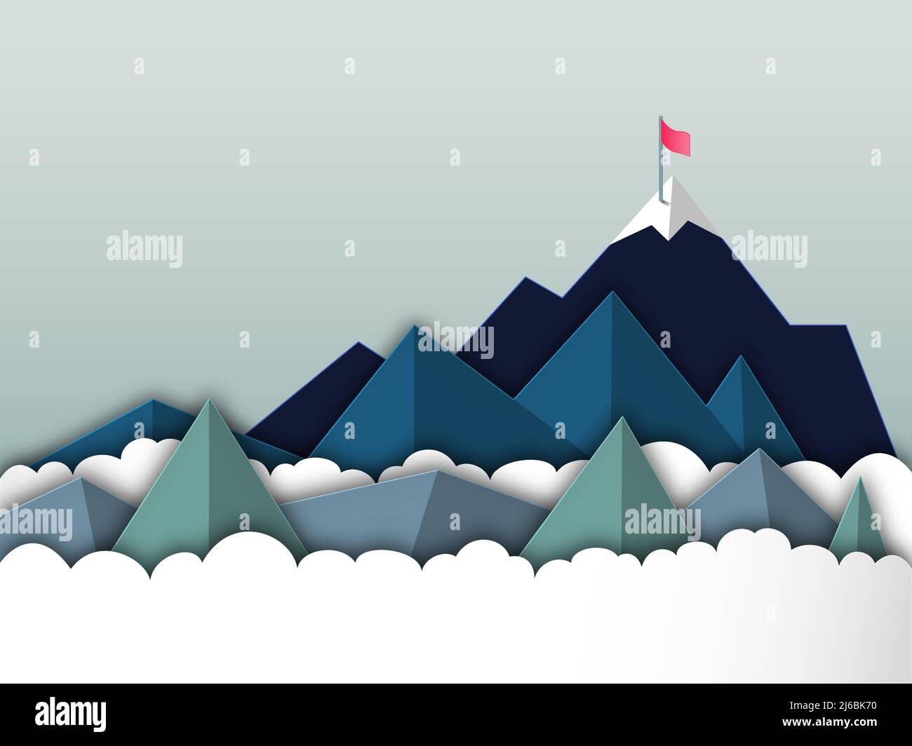 Paper cut style vector illustration of mountain peak with red flag. Concept of business success and achievement. Background illustration in blue and g Stock Vector