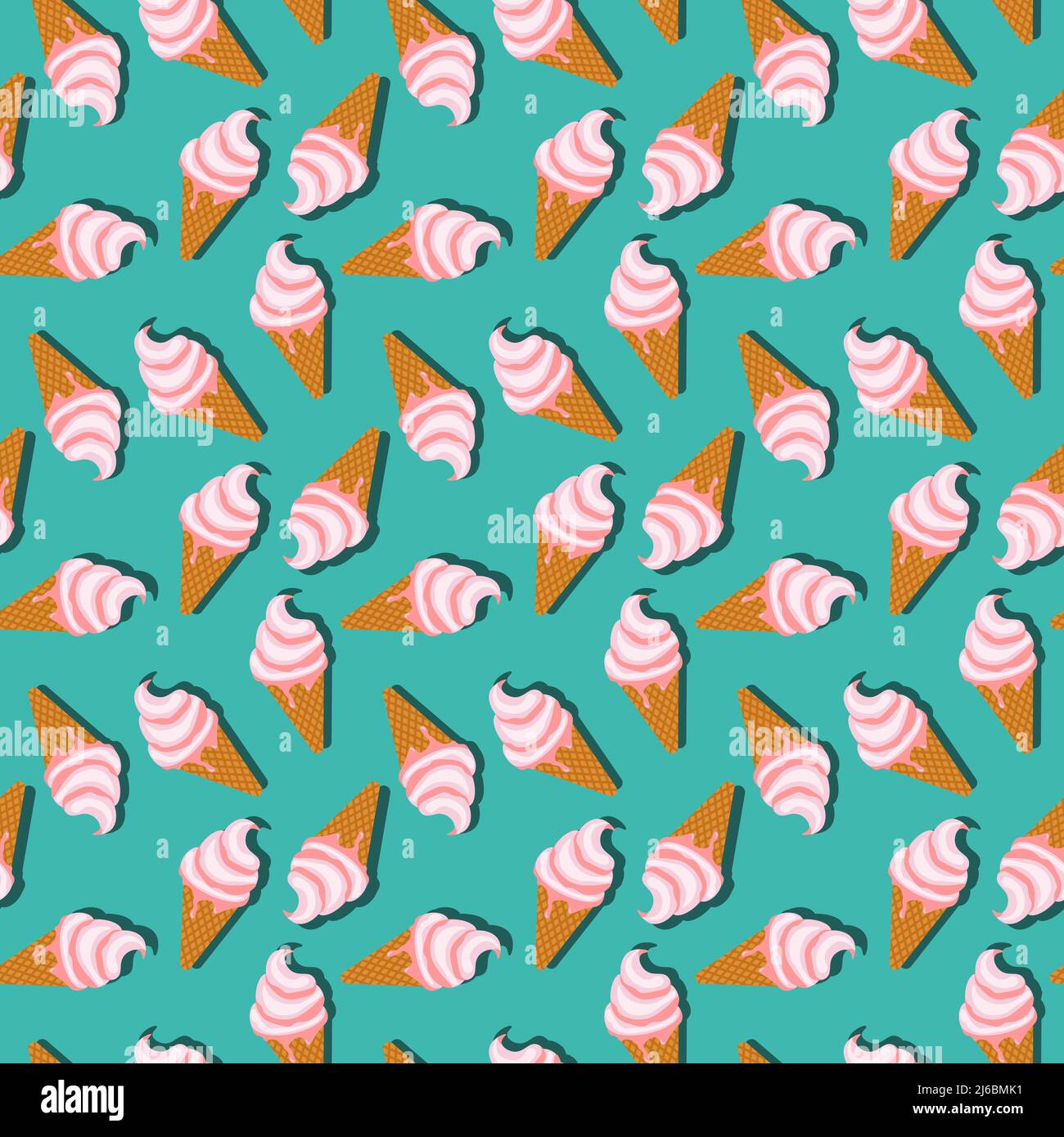 Seamless pattern with sundae ice cream in waffle cones drawn in flat ...