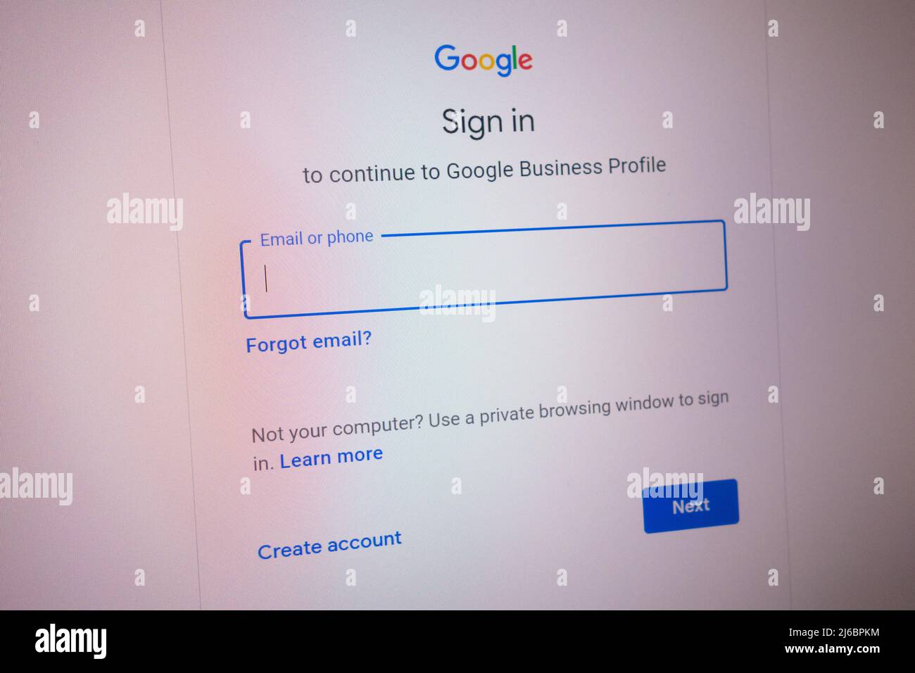 KONSKIE, POLAND - April 27, 2022: signing in to Google Business Profile by email or phone on laptop computer screen Stock Photo