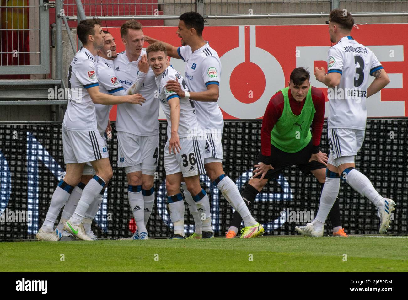 Germany. 30th Apr, 2022. 30 April 2022, Bavaria, Ingolstadt: Soccer: 2nd Bundesliga, FC Ingolstadt 04 - Hamburger SV, Matchday 32, Audi Sportpark. Hamburg's (l-r) Jonas Meffert, Ludovit Reis, Sebastian Schonlau, Anssi Suhonen, Robert Glatzel and Moritz Heyer cheer after the 0:2. Photo: Stefan Puchner/dpa - IMPORTANT NOTE: In accordance with the requirements of the DFL Deutsche Fußball Liga and the DFB Deutscher Fußball-Bund, it is prohibited to use or have used photographs taken in the stadium and/or of the match in the form of sequence pictures and/or video-like photo series. Credit: dpa pict Stock Photo