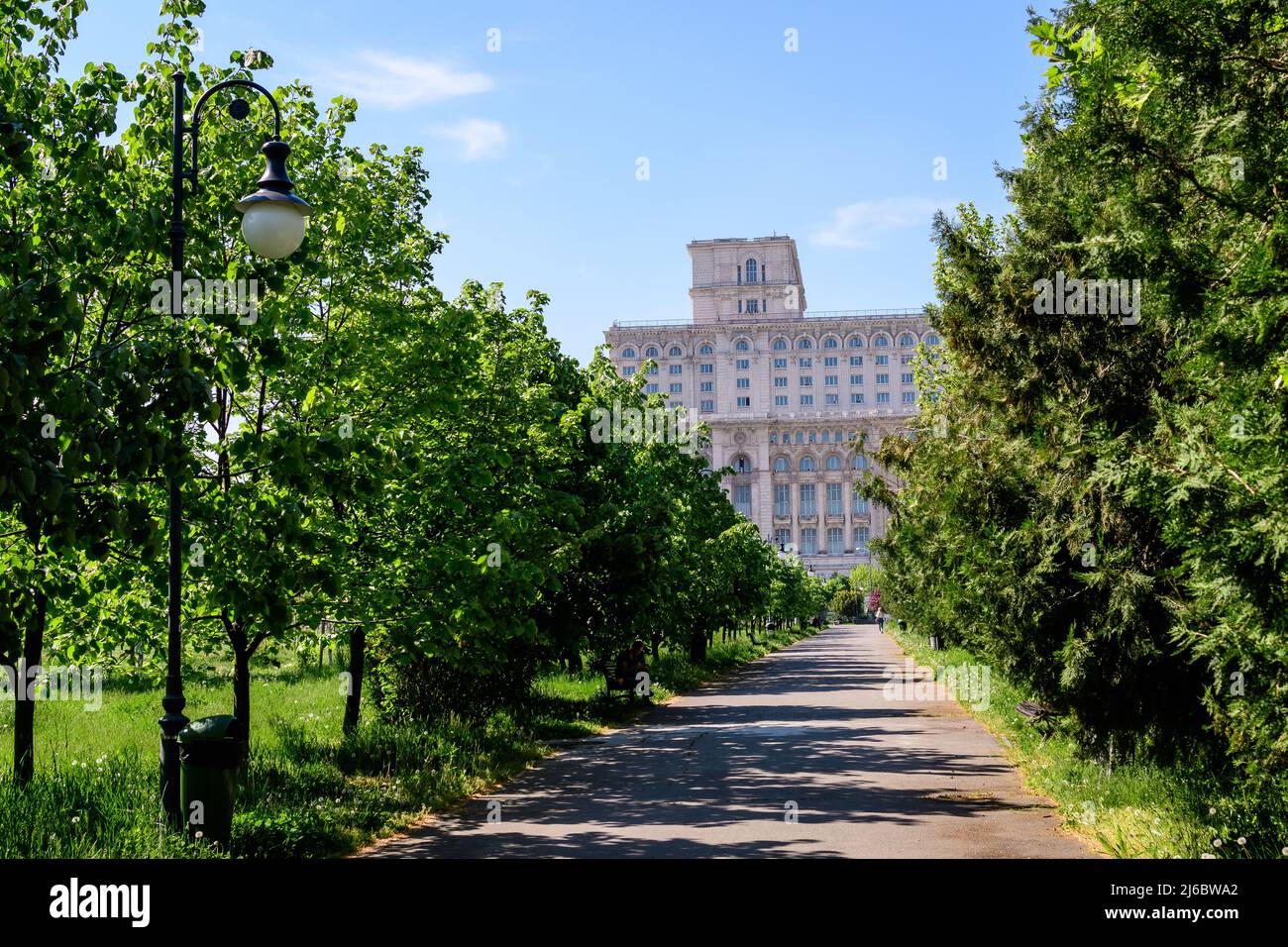 Palace of the Parliament also known as People's House (Casa Popoprului) in Constitutiei Square (Piata Constitutiei) as seen from Izvor Park (Parcul Iz Stock Photo