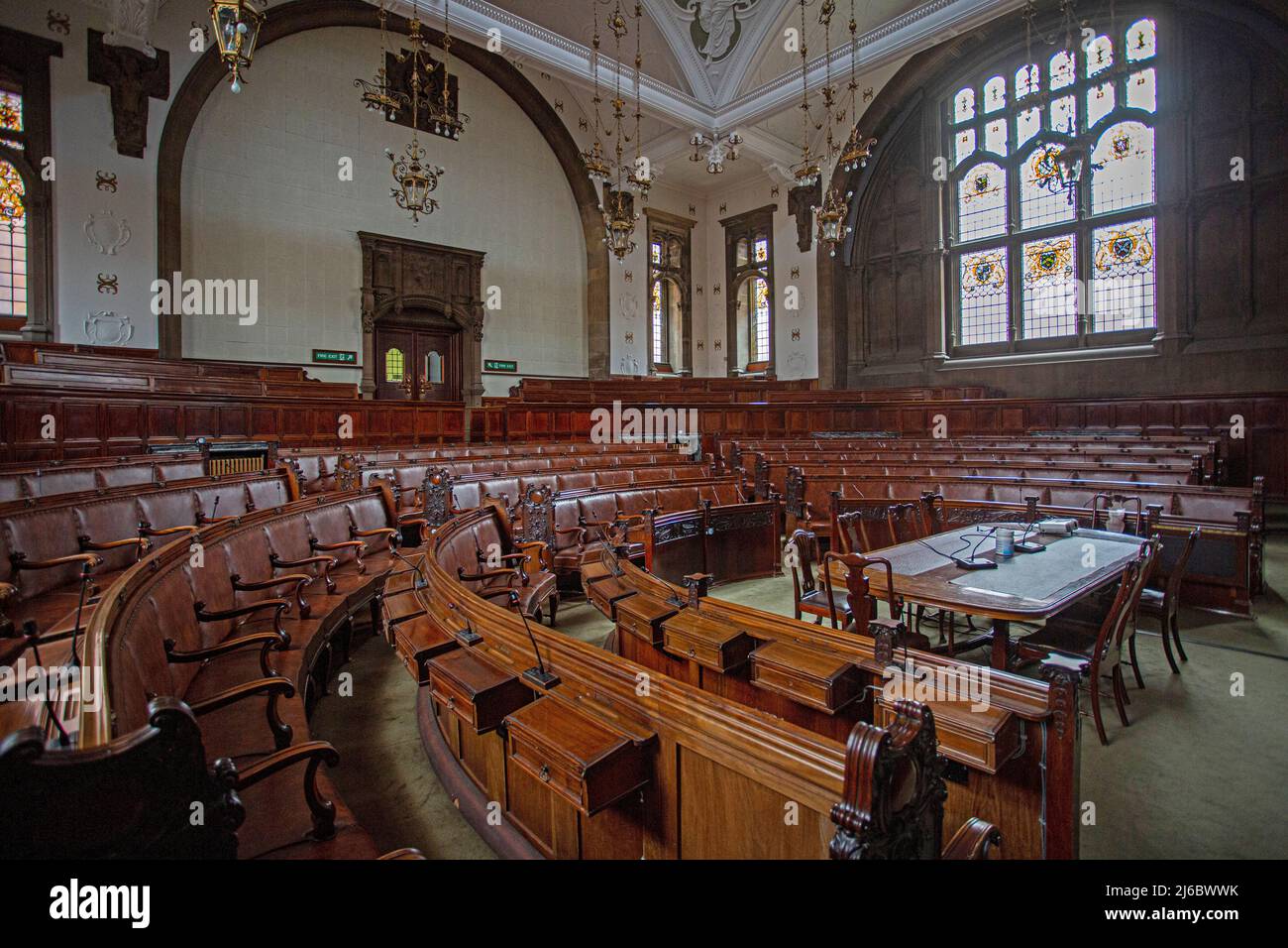Historic council chamber  in Wakefield Town Hall , West Yorkshire, England. Stock Photo