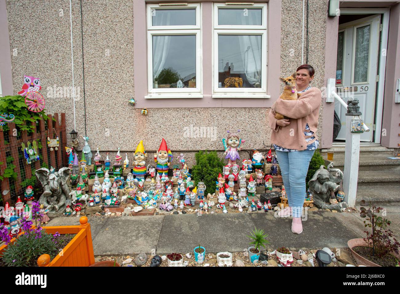 Nicola with her dog posing in front of her collection of garden gnomes outside a terraced house,  in Lupset, Wakefield, West Yorkshire, England. Stock Photo