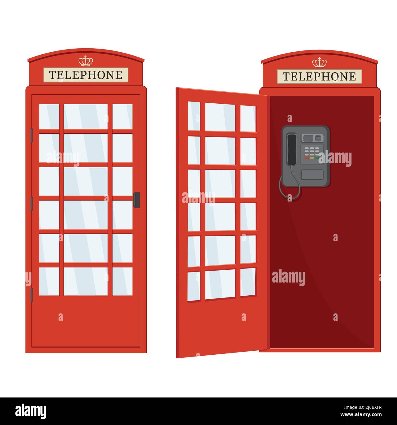 Red telephone booth with open door, color vector isolated cartoon-style illustration. Stock Vector