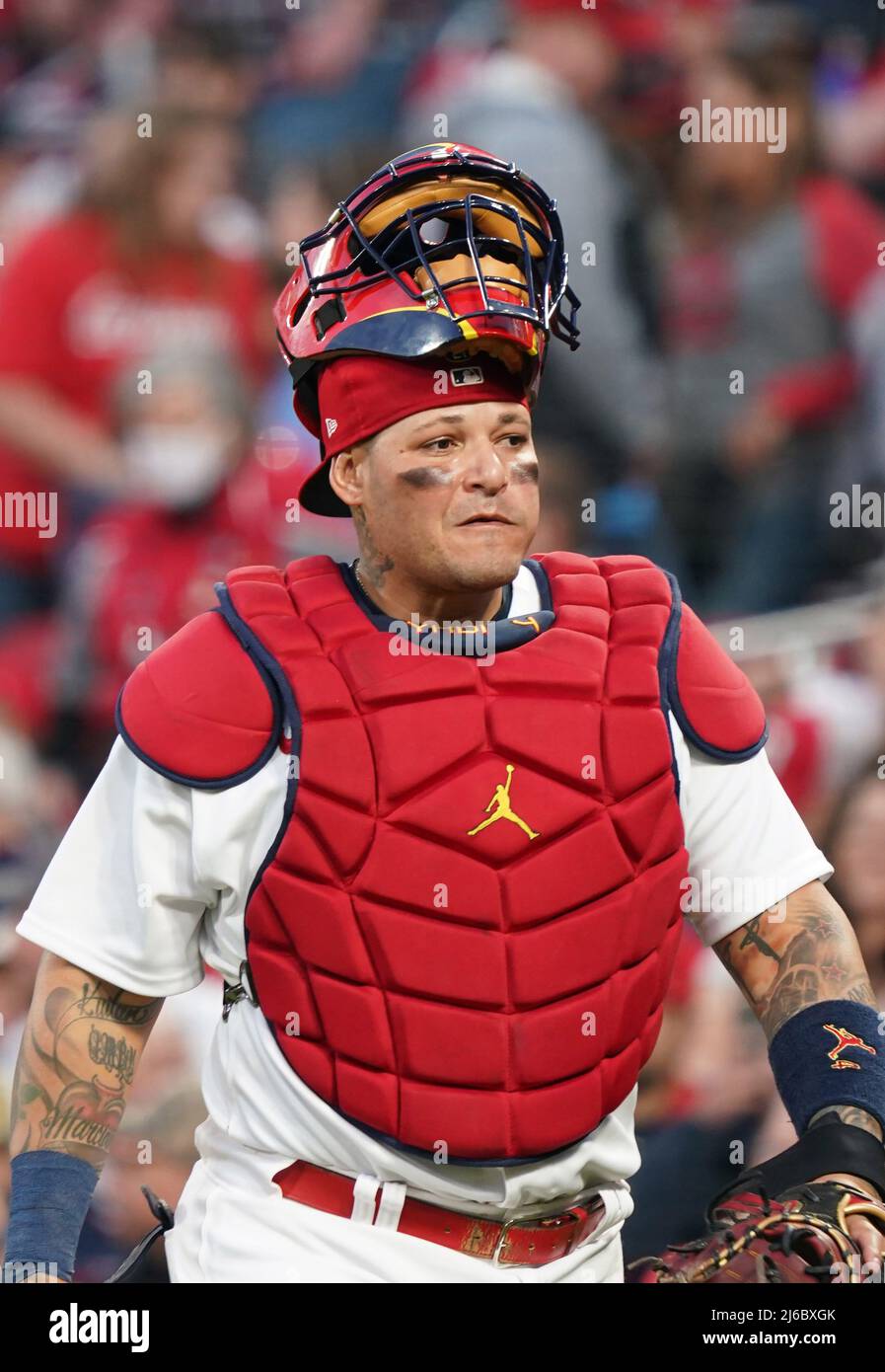 St Louis, USA. 30th April, 2022. St. Louis Cardinals catcher Yadier Molina  walks out to his position for the third inning against the Arizona  Diamondbacks at Busch Stadium in St. Louis on