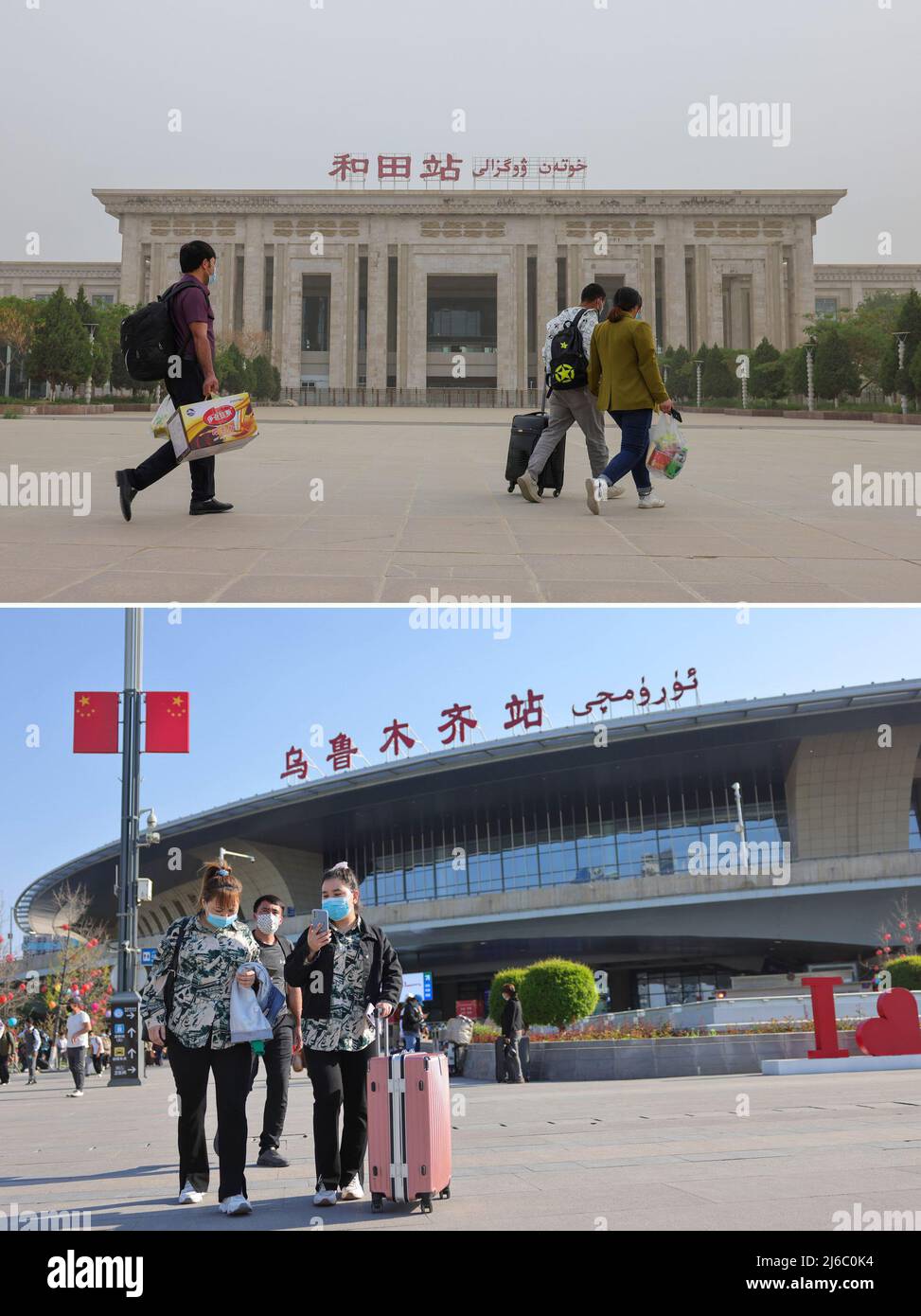 (220430) -- KASHGAR, April 30, 2022 (Xinhua) -- This combo photo shows (top) passengers walking to Hotan Railway Station in Hotan, northwest China's Xinjiang Uygur Autonomous Region, April 28, 2022 , and (bottom) passengers walking out of Urumqi Railway Station in Urumqi, northwest China's Xinjiang Uygur Autonomous Region, April 29, 2022,  As bullet trains zoom through stations in many parts of China, the seemingly outdated, rumbling slow-speed trains have continued to serve residents of remote areas with stable ticket prices and services.   Though home to the world's most developed high-speed Stock Photo
