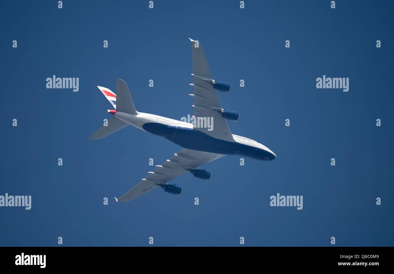 30 April 2022, London, UK. British Airways G-XLEL Airbus A380, leaving London Heathrow for Frankfurt in blue sky. Credit: Malcolm Park/Alamy Stock Photo