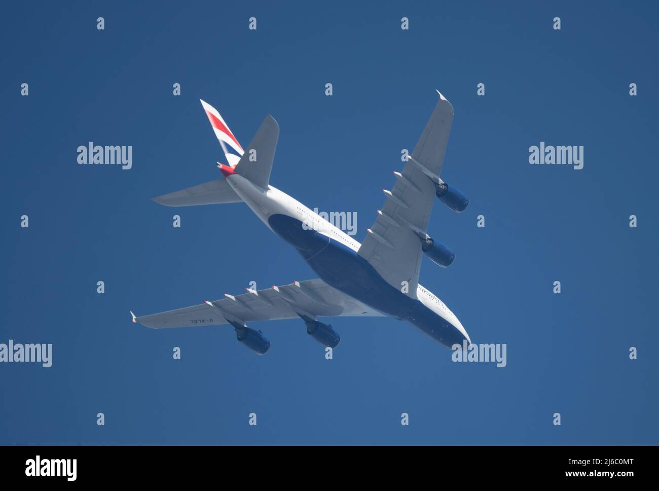 30 April 2022, London, UK. British Airways G-XLEL Airbus A380, leaving London Heathrow for Frankfurt in blue sky. Credit: Malcolm Park/Alamy Stock Photo