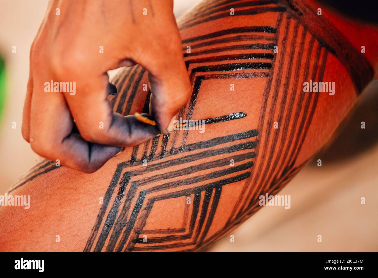 Body art of Brazilian Amazon Asurini tribe Stock Photo