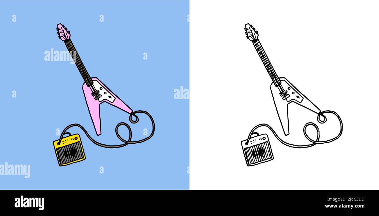 Electric Guitar with sound amplifier. Musical instrument. Hand drawn