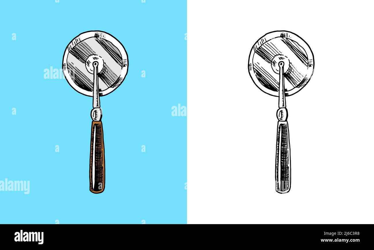 Bicycle pizza cutter. Food tool. Hand drawn sketch in vintage doodle