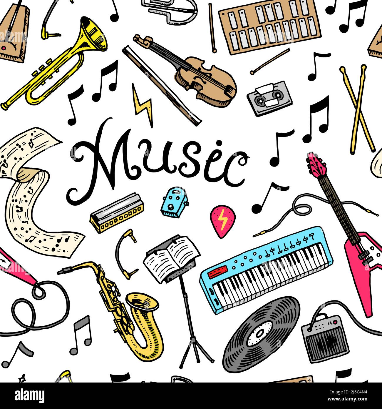 Seamless pattern with hand drawn doodle musical instruments Vector sketch  illustration set black outline art collection for web design icon print  coloring page 14554752 Vector Art at Vecteezy