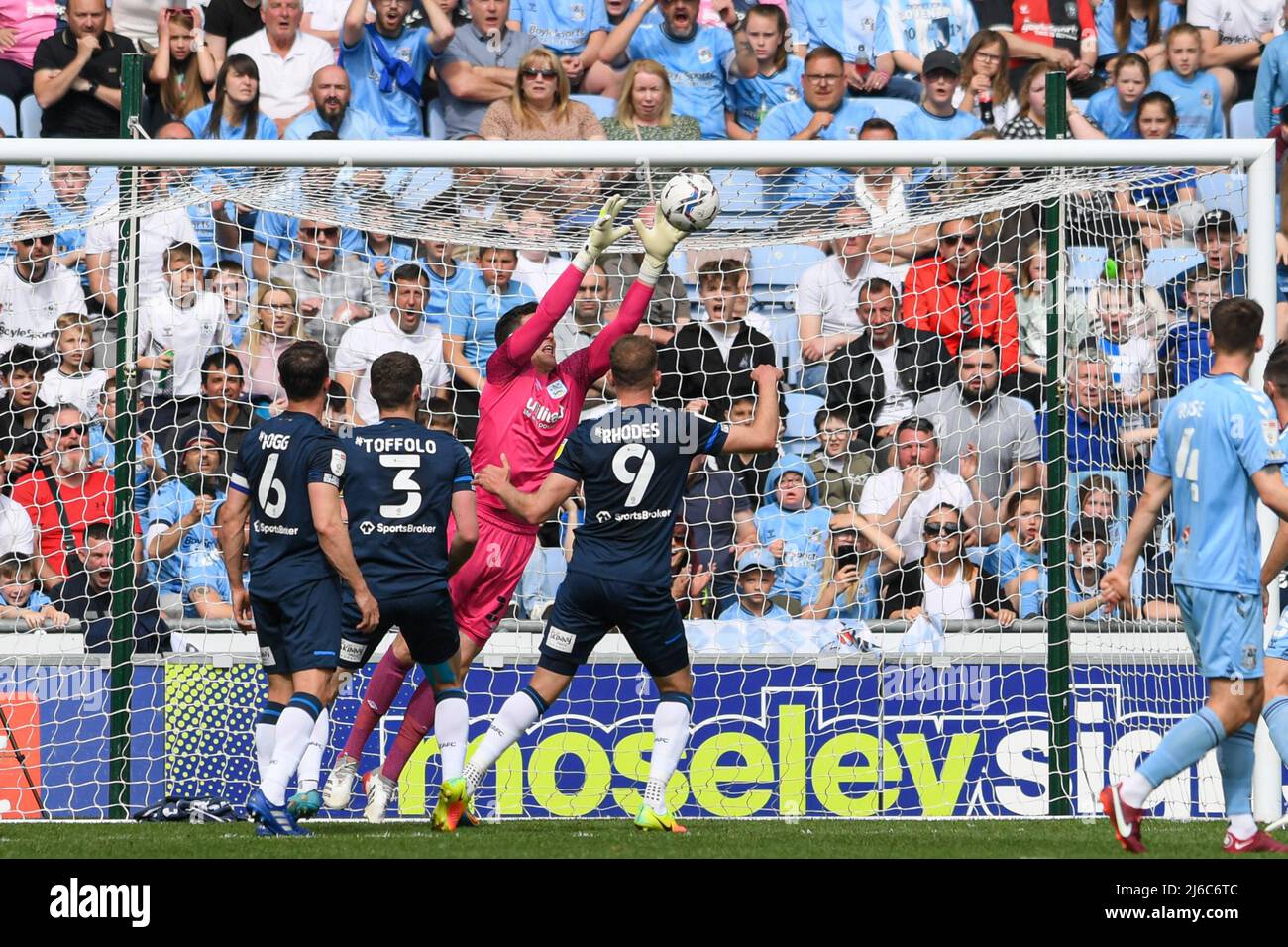 Lee Nicholls #21 of Huddersfield Town makes a save in Coventry, United Kingdom on 4/30/2022. (Photo by Simon Whitehead/News Images/Sipa USA) Stock Photo