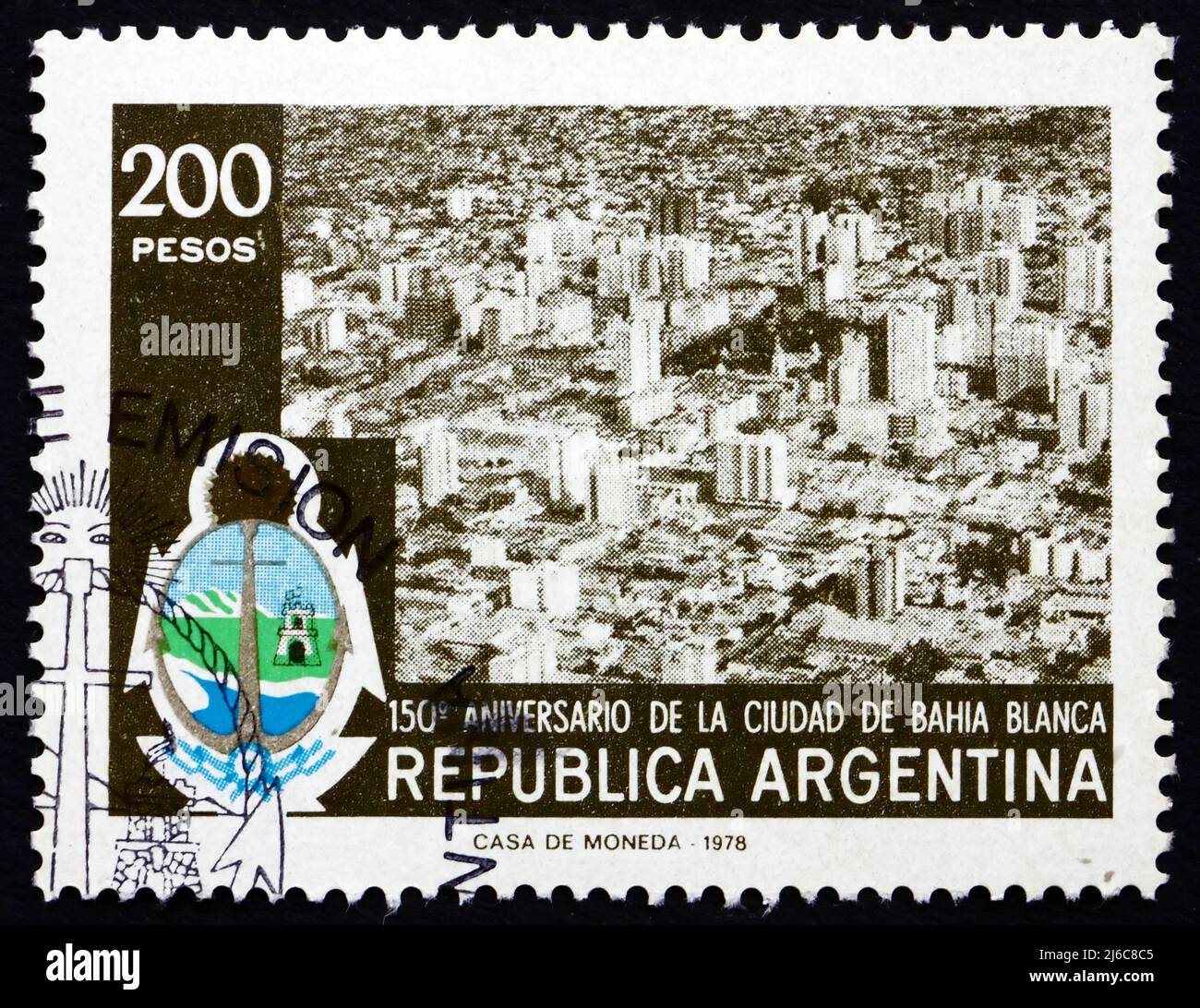 ARGENTINA - CIRCA 1978: a stamp printed in the Argentina shows View and Arms of Bahia Blanca, Sesquicentennial of Bahia Blanca, circa 1978 Stock Photo