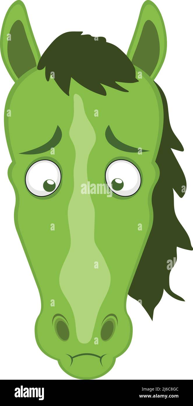 Vector illustration of the face of a cartoon horse with a green color of nausea Stock Vector