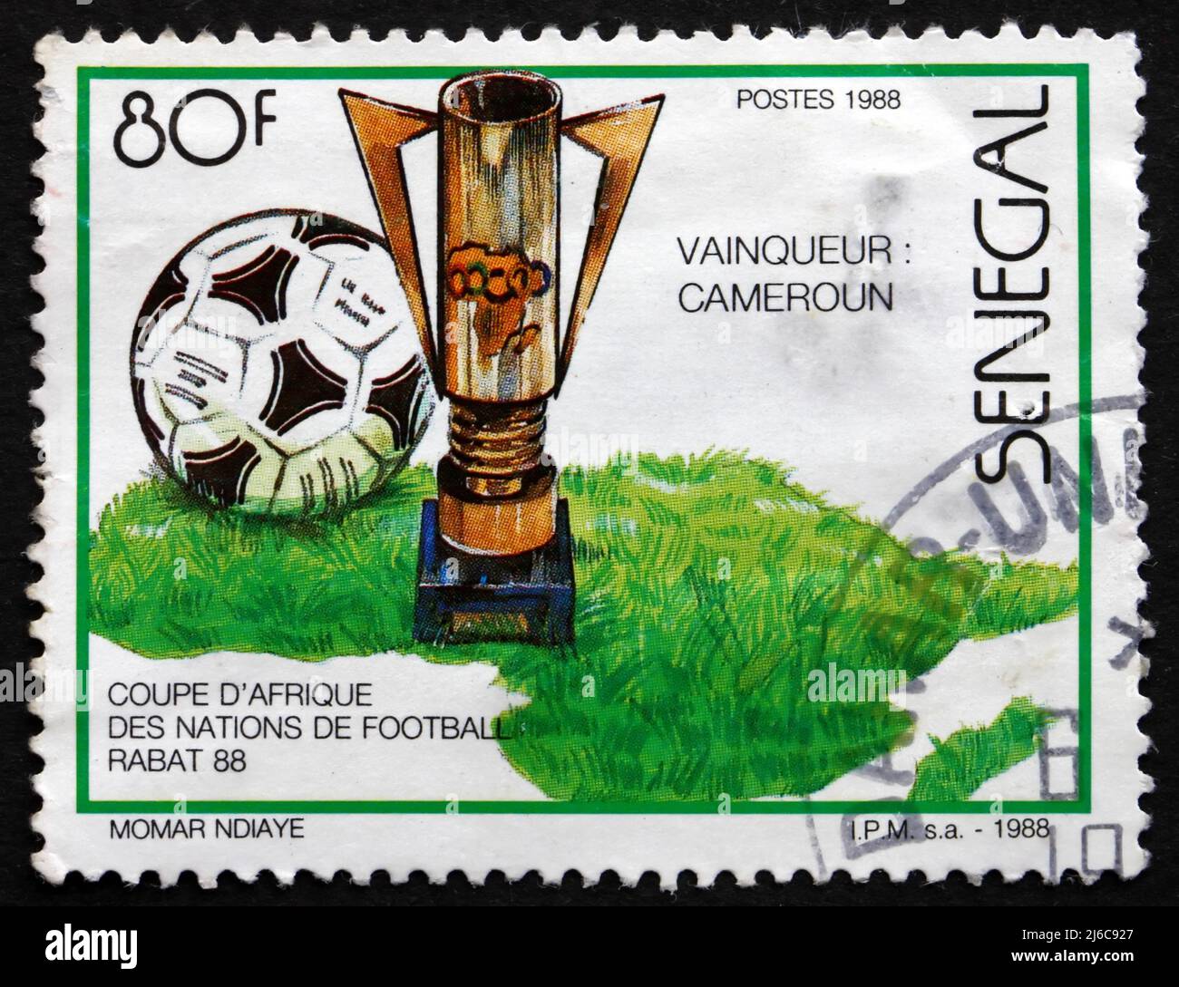 SENEGAL - CIRCA 1988: a stamp printed in Senegal shows Cameroun Winner, 1988 African Soccer Cup Championships, Rabat, circa 1988 Stock Photo