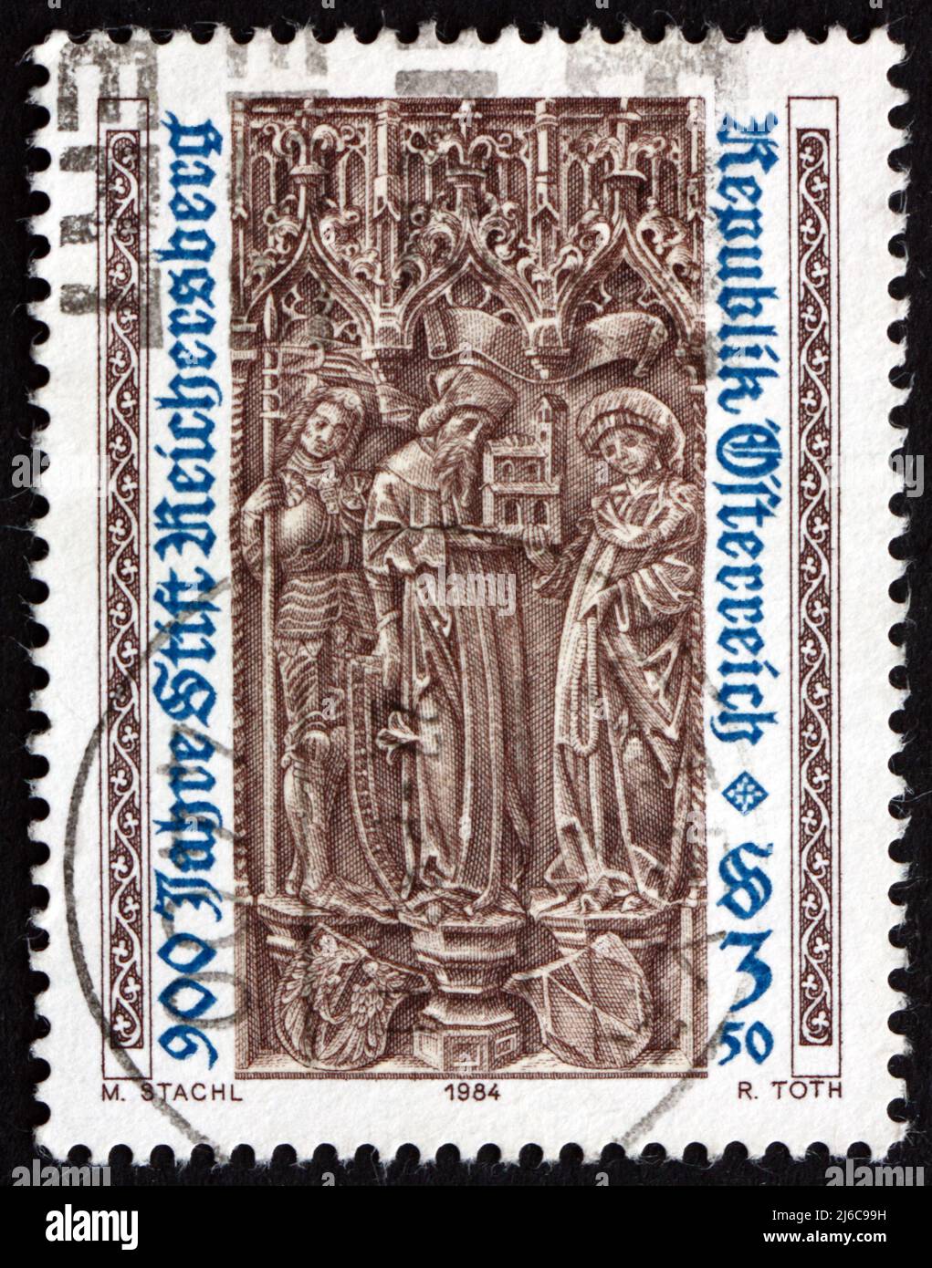 AUSTRIA - CIRCA 1984: a stamp printed in the Austria shows Werner von Reichersberg Family, Bas-relief, 15th Century, 900th Anniversary of Reichersberg Stock Photo