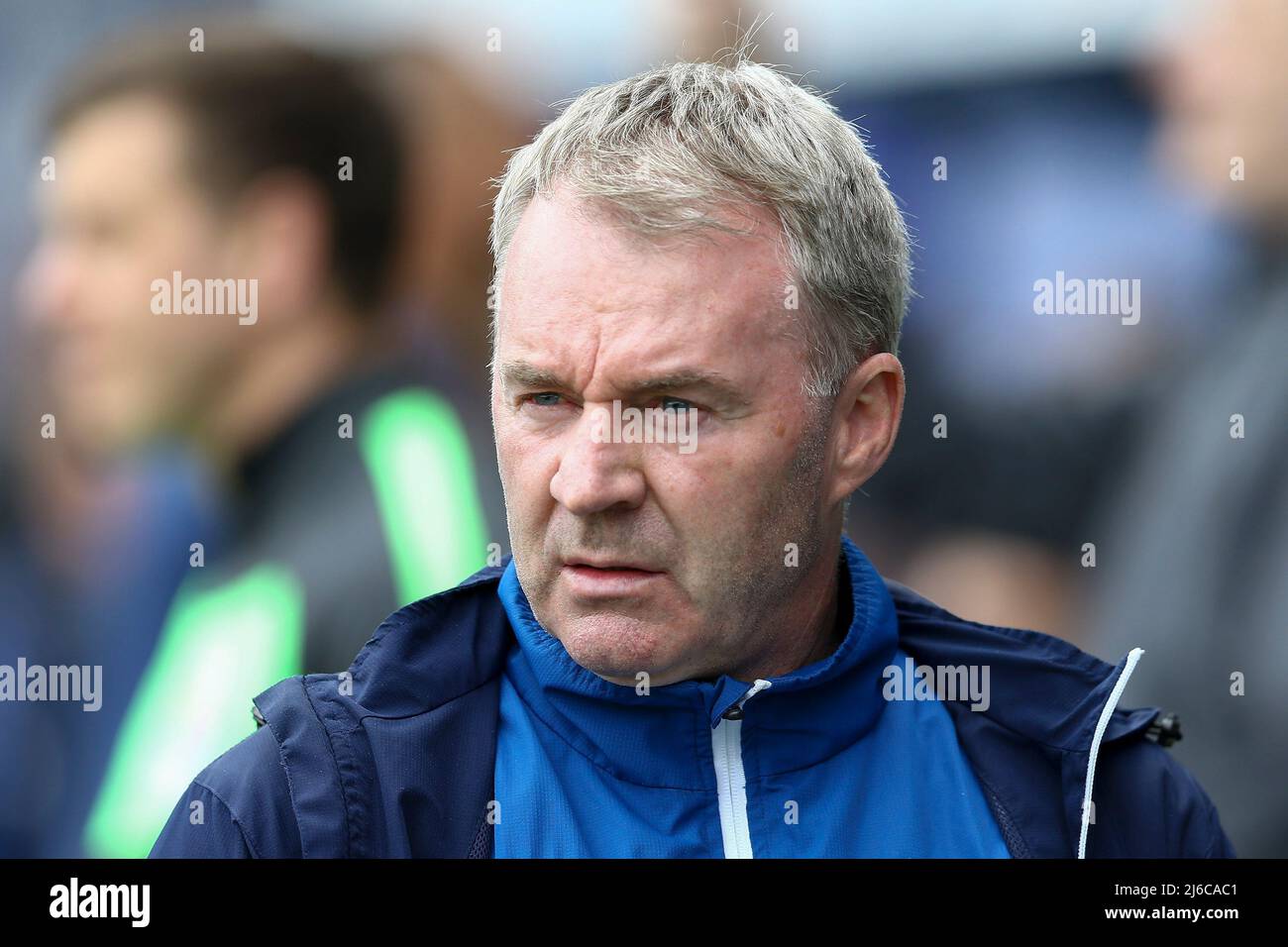 Birkenhead, Wirral, UK. 30th April, 2022. John Sheridan, the Manager of Oldham Athletic looks on. EFL Skybet Football league two match, Tranmere Rovers v Oldham Athletic at Prenton Park, Birkenhead, Wirral on Saturday 30th April 2022. this image may only be used for Editorial purposes. Editorial use only, license required for commercial use. No use in betting, games or a single club/league/player publications.pic by Chris Stading/Andrew Orchard sports photography/Alamy Live News Stock Photo