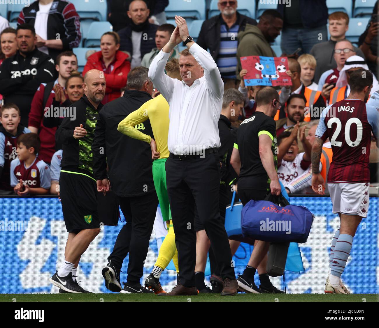 Birmingham, England, 30th April 2022.   Dean Smith manager of Norwich City acknowledges the fans following their relegation during the Premier League match at Villa Park, Birmingham. Picture credit should read: Darren Staples / Sportimage Credit: Sportimage/Alamy Live News Stock Photo