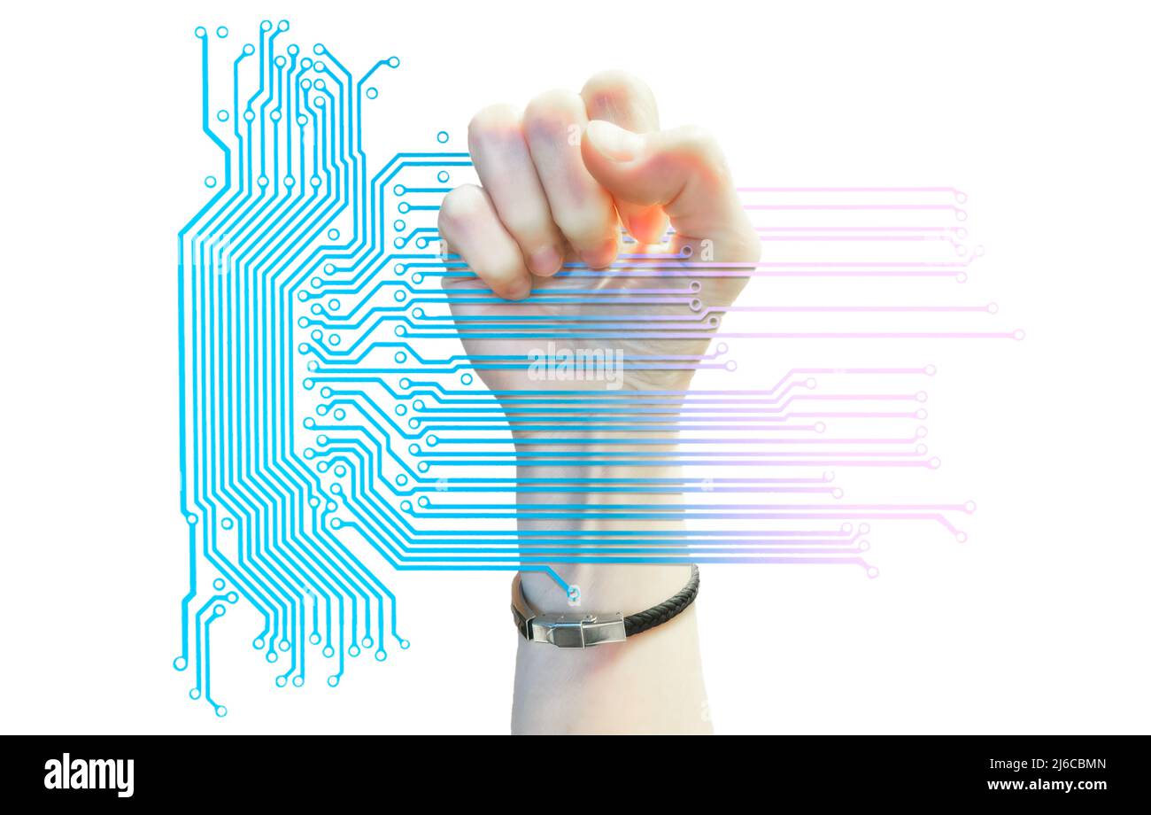 Fintech technology concept. Human fist holding motherboard scheme silhouette isolated on white background. Stock Photo
