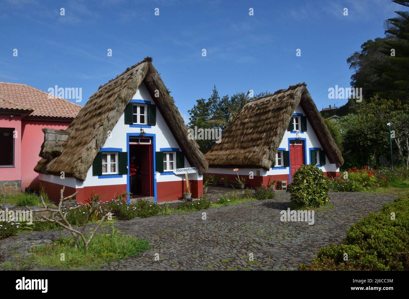 Traditional triangular thatched houses at Santana, Madeira, Portugal Stock Photo