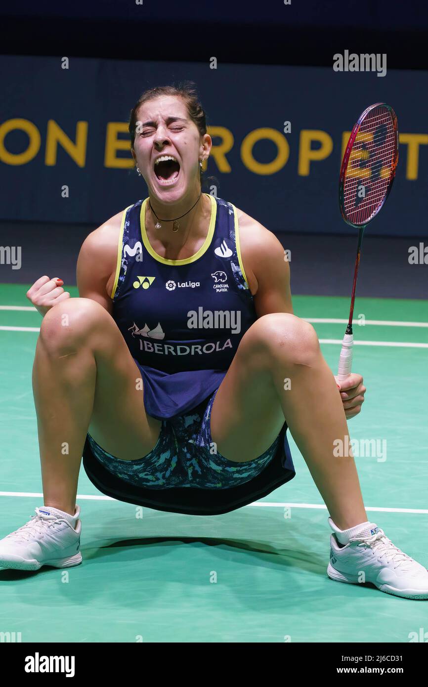 Carolina Marín of Spain celebrates victory during the European Badminton  Championships finals in Madrid. Carolina Marin