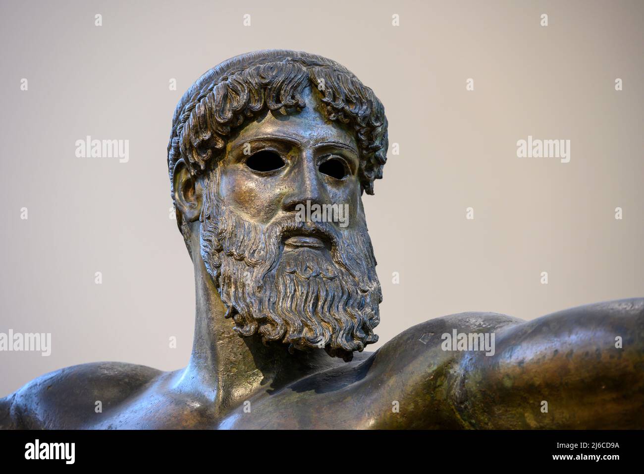 Head and detail of a bronze statue of Zeus or possibly Poseidon. Found in the sea of Cape Artemision, Northern Euboea. Classical Period 460 BC. One of Stock Photo